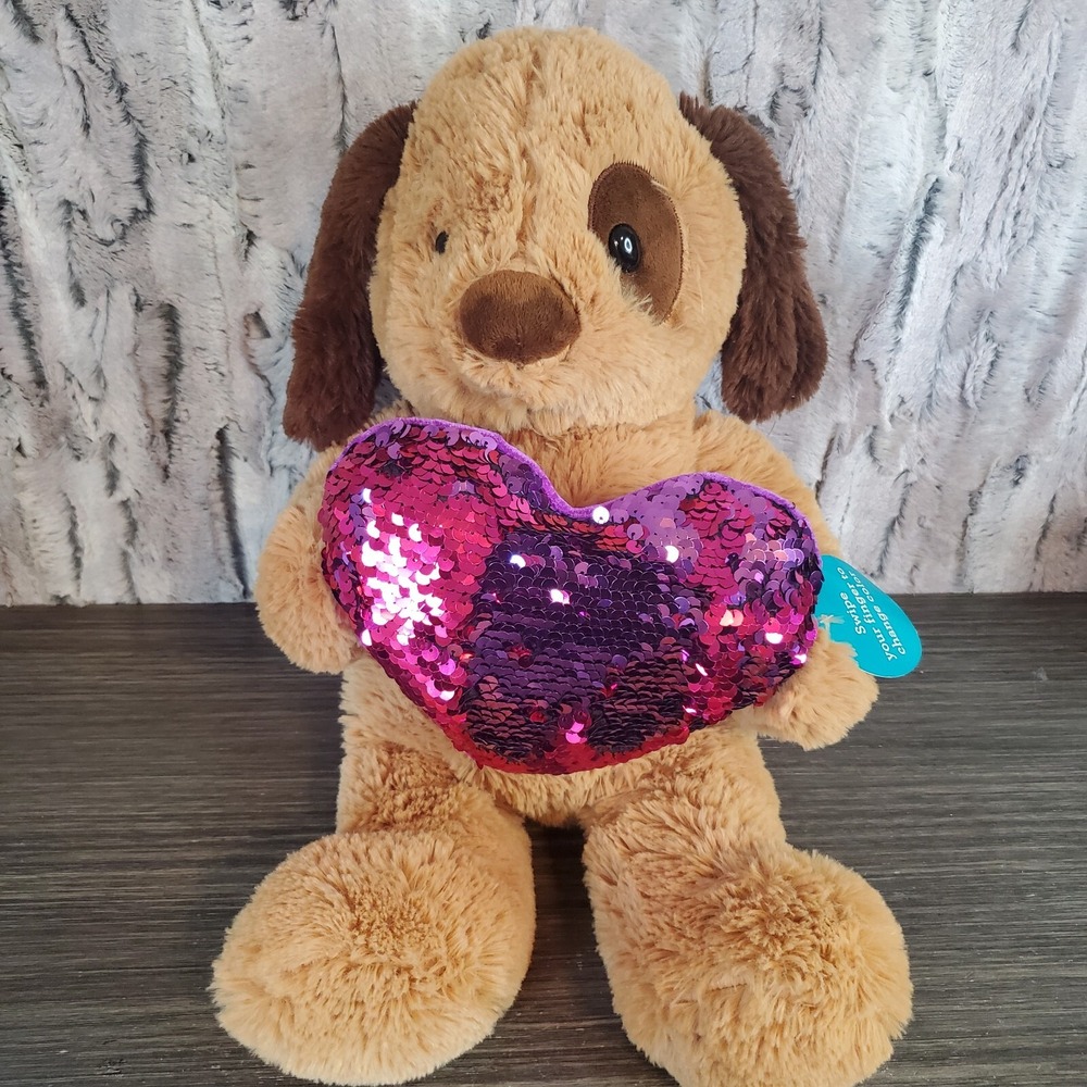 Dan Dee Brown Plush Dog w/ Sequin Heart 20" Stuffed Animal Soft
